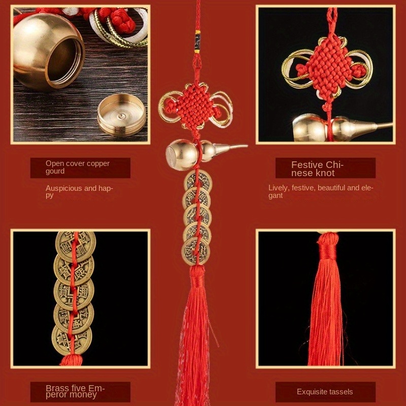 

Authentic Chinese Knot With Real Copper Coins - Traditional Charm For Decor, Golden-trimmed Gourd Pendant