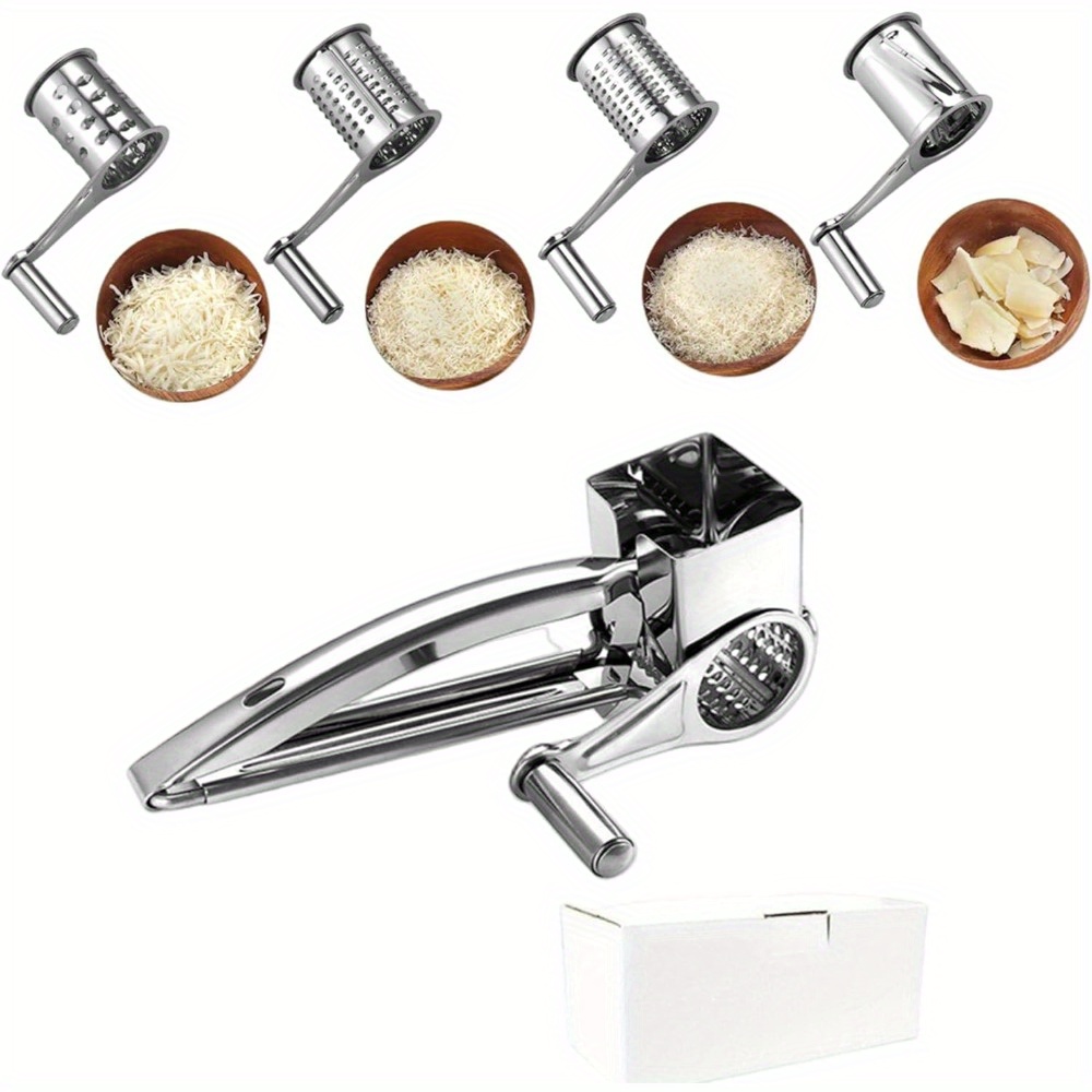 

5-piece Stainless Steel Cheese Grater Set - Handheld Rotary With 4 Interchangeable Blades For Hard Cheeses, Chocolate & Nuts - Durable Kitchen Gadget