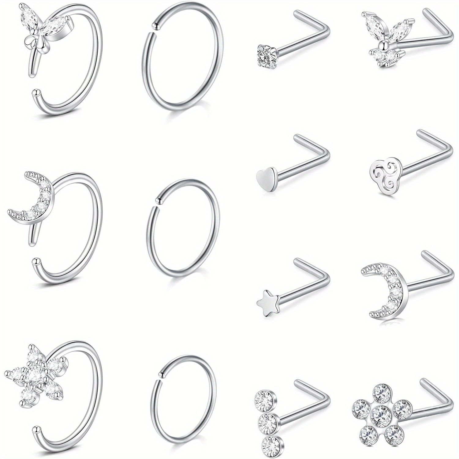 

14pcs Stainless Steel Nose Rings L-shaped Nose Studs Screw Nose Piercing Jewelry