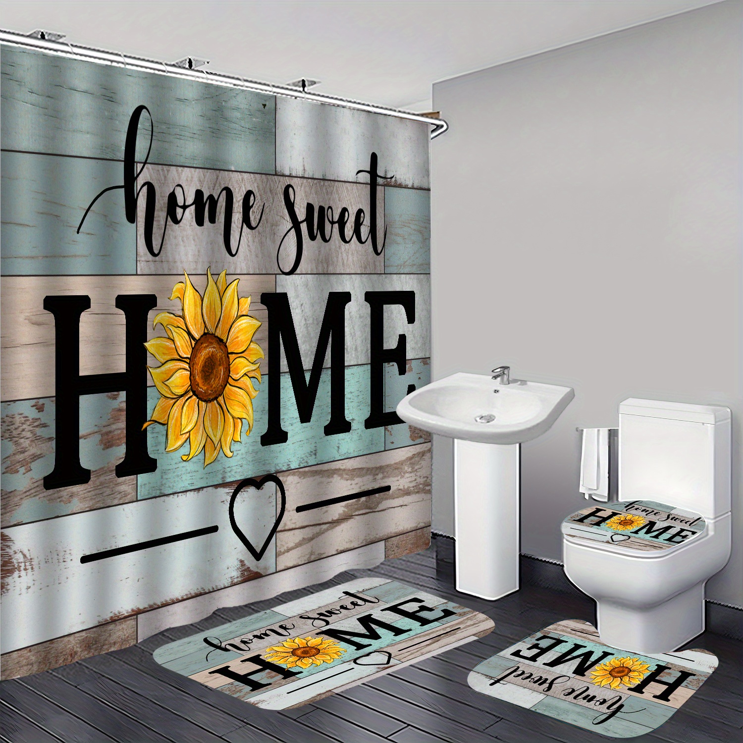 

4pcs Home Sunflower Pattern Shower Curtain Set, Waterproof Shower Curtain With Hooks, Non-slip Bath Rug, U-shape Mat, Toilet Lid Cover Pad, Home Decor, Bathroom Accessories