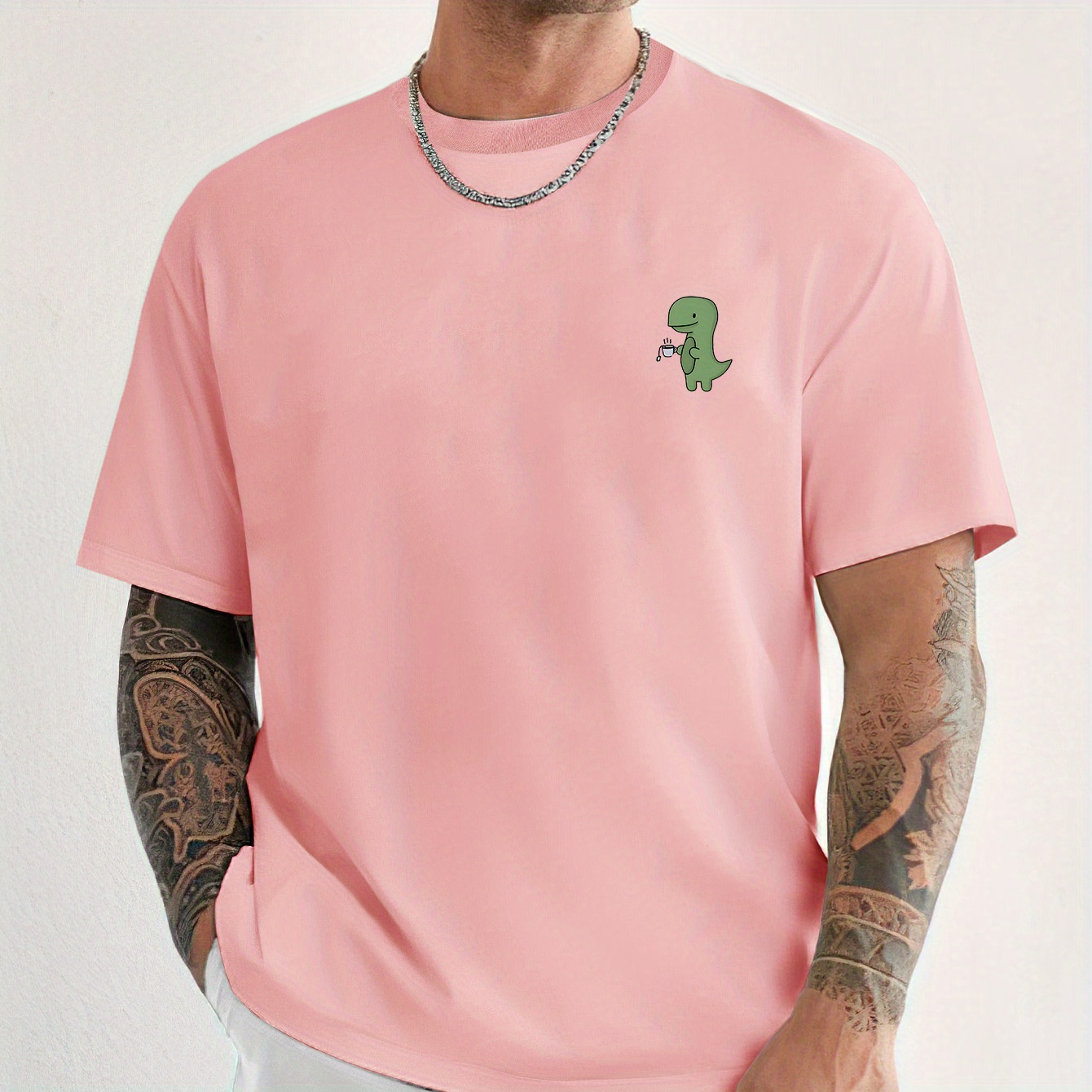

Dinosaur Cartoon Creative Print Men's Casual T-shirt, Summer Fashion Crew Neck Short Sleeve Top, Modern Streetwear Style For Men