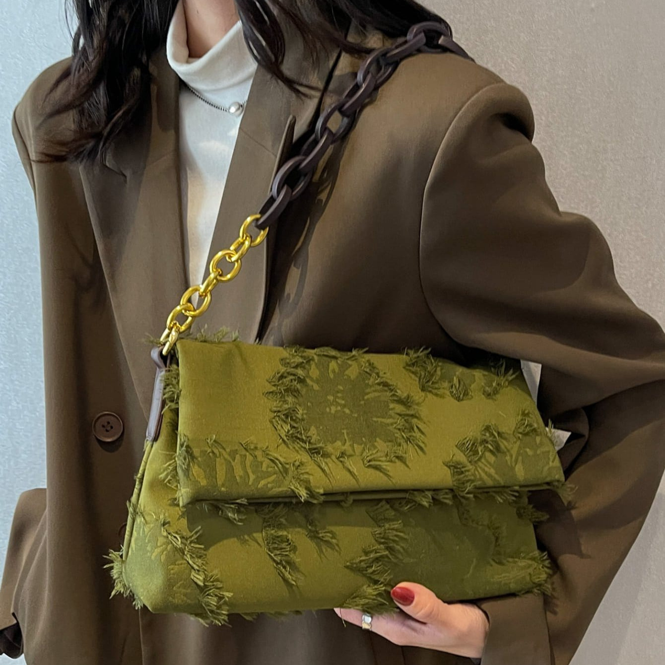 

Women's Fashion Raw Trim Flap Square Handbag, Nylon Large Capacity Chain Shoulder Crossbody Bag, Niche Design Handbag