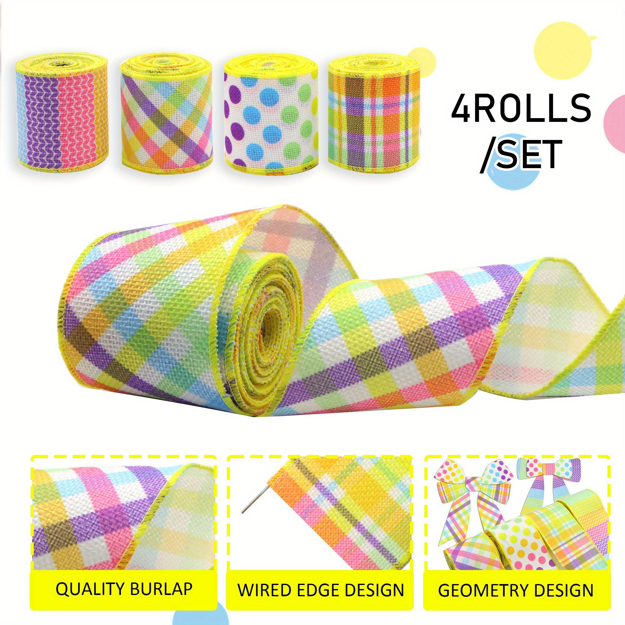 

4 Rolls Of 5 Yards Geometric Patterned Printed Wired Edge Ribbons - Perfect For Party Decorations, Bouquets, Gift Wrapping, Wreaths, And Diy Crafts