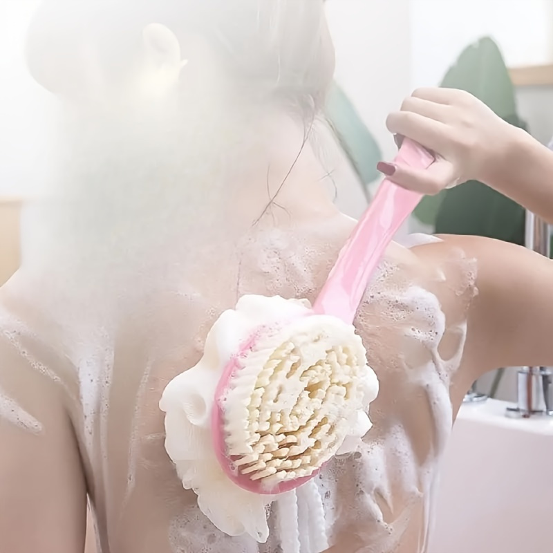 

non-toxic" Soft Loofah & Bristle Bath Brush - Long Curved Handle For Easy Body, Face & Spa Washing - Essential Bathroom Accessory