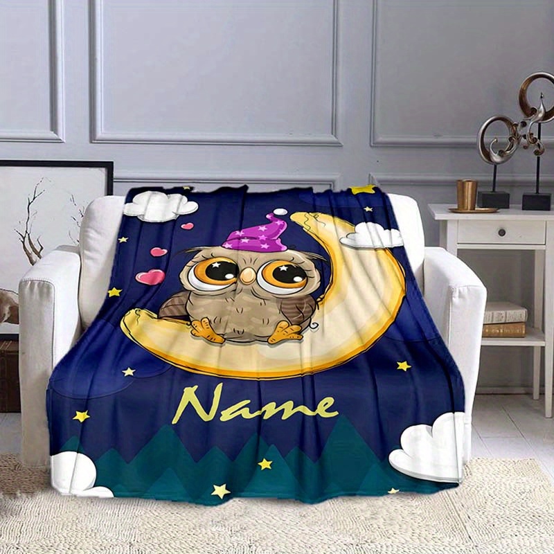 

1pc Custom Your Name Blanket, Personalized Owl Animal Pattern Text Blanket, Outdoor Travel Leisure 4 Seasons Nap Blanket, For Anniversary Gift