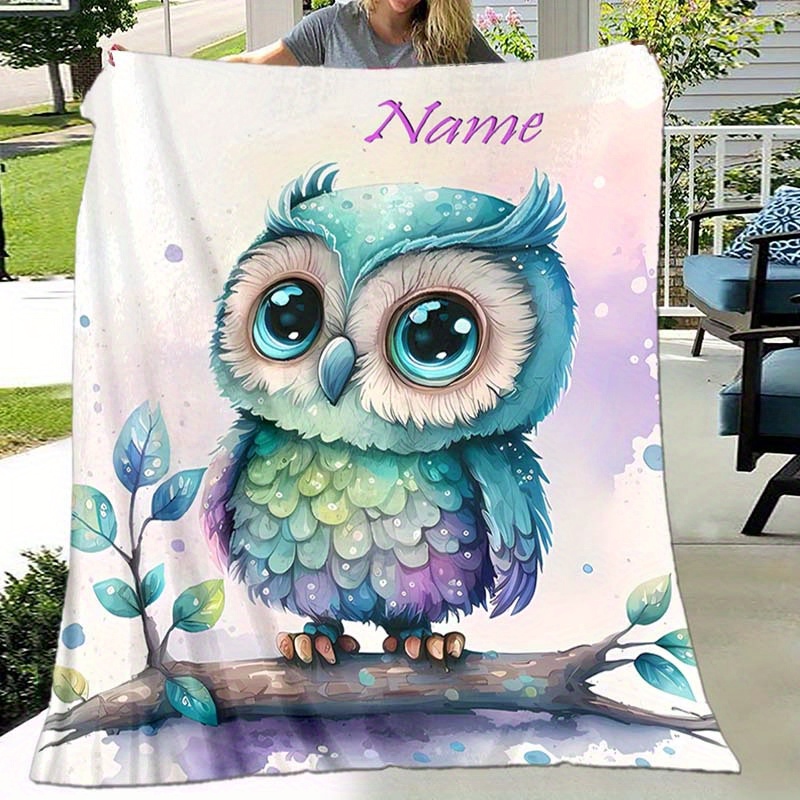 

1pc Custom Your Name Blanket, Personalized Owl Animal Pattern Text Blanket, Outdoor Travel Leisure 4 Seasons Nap Blanket, For Anniversary Gift