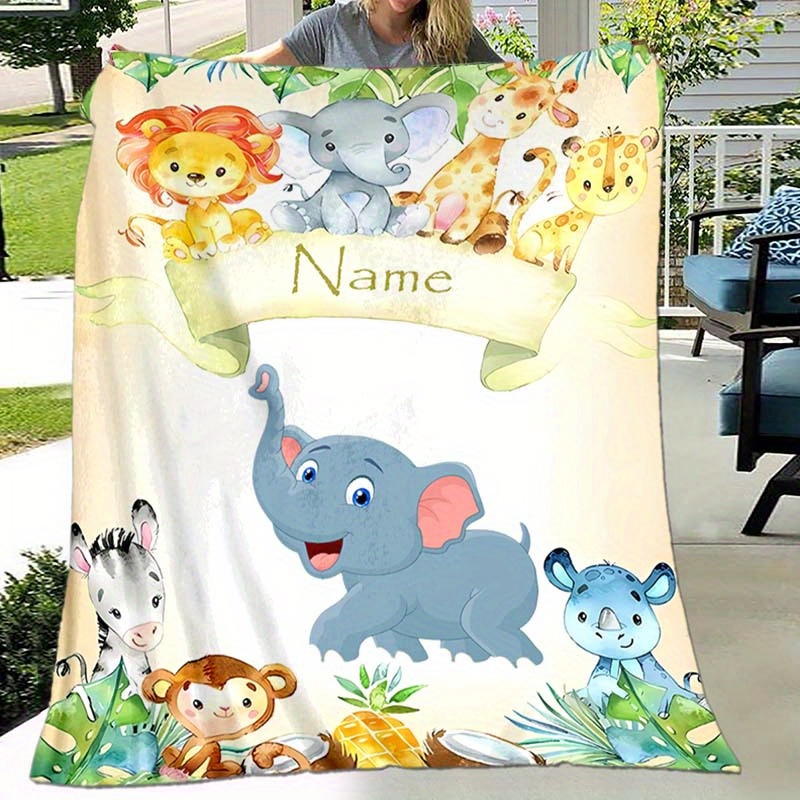 

1pc Custom Your Name Blanket, Personalized Cute Elephant Animals Pattern Text Blanket, Outdoor Travel Leisure 4 Seasons Nap Blanket, For Anniversary Gift