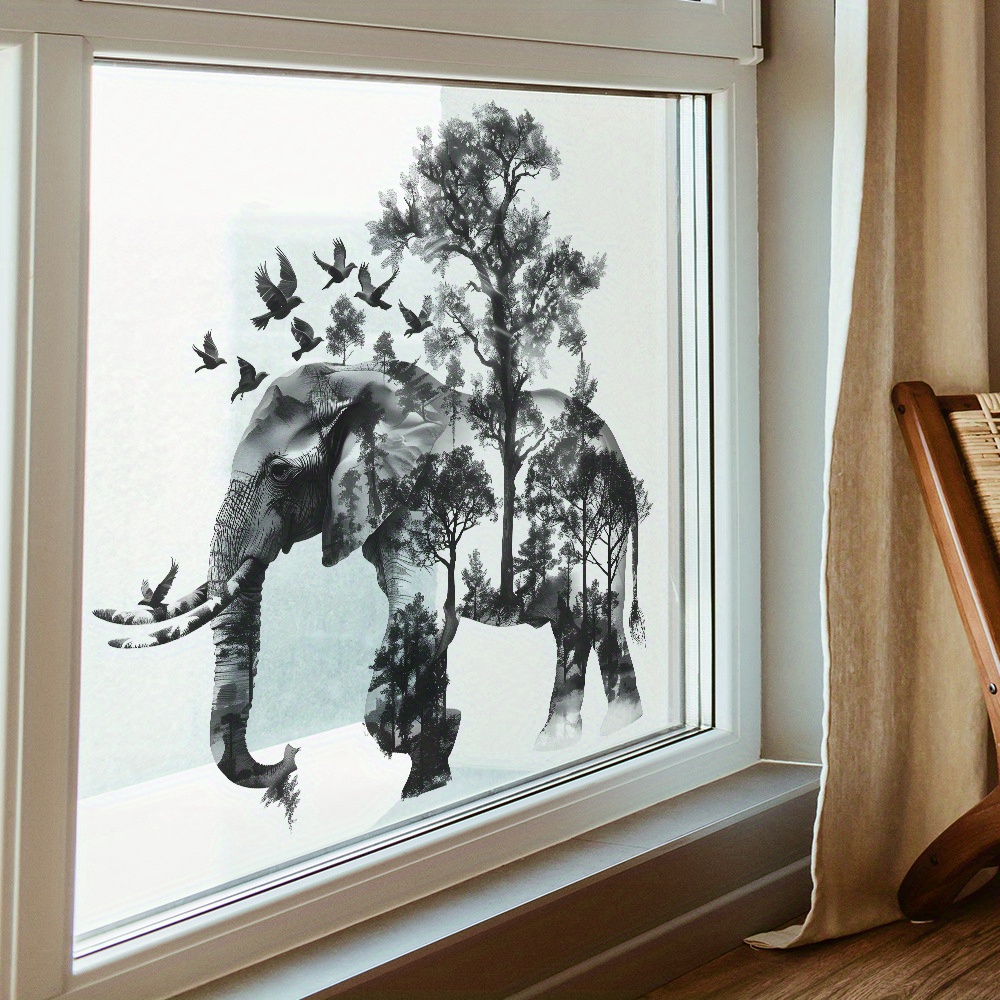 

Large African Elephant & Forest Scenery Wall Decals - Vinyl Stickers For Bedroom, Living Room, Study - Modern Nordic Style Wild Animal Jungle Theme Elephant Decor Elephant Home Decor