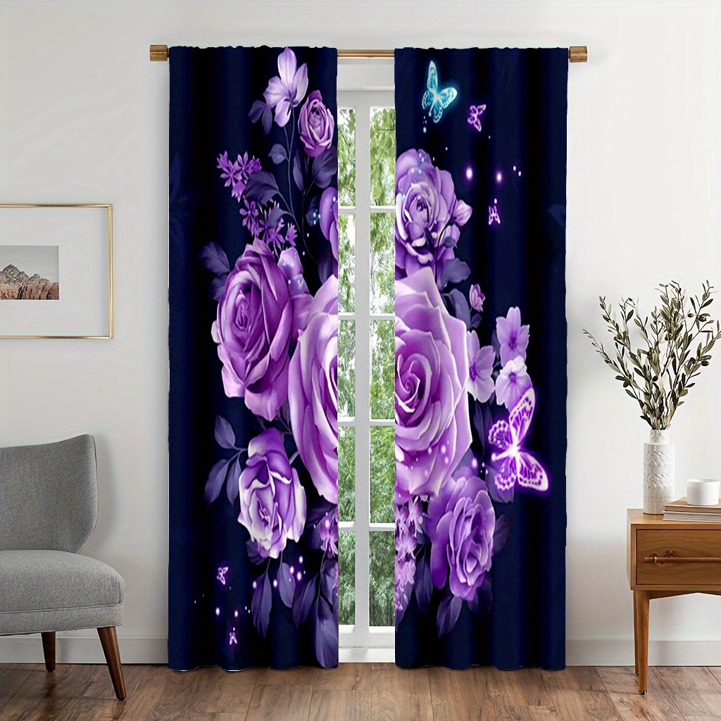 TEMU 2pcs/set Purple Rose Flower Pattern Door Curtains Beautiful Floral Curtains Light And Feel For Cozy Bedroom Chic Office Stylish Kitchen Living