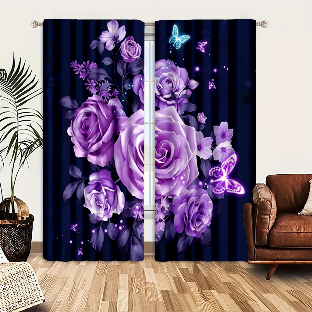 TEMU 2pcs/set Purple Rose Flower Pattern Door Curtains Beautiful Floral Curtains Light And Feel For Cozy Bedroom Chic Office Stylish Kitchen Living