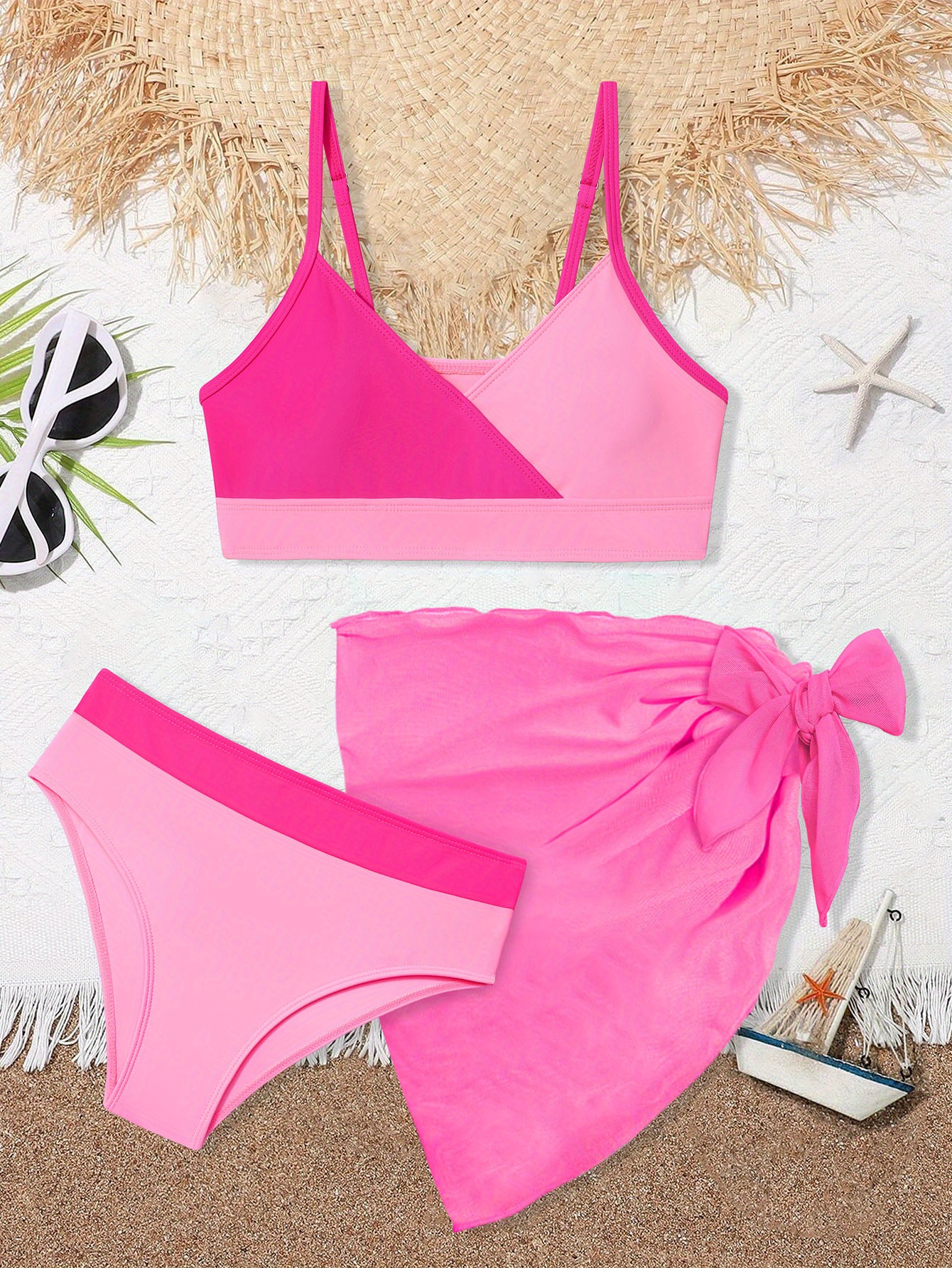 Girls Beach Swimwear Sports Coconut Tree Print Bikini Cover Up Swimwear Briefs Suit Middle Children Girls Playful Styling Up Sets For 7‐12Years