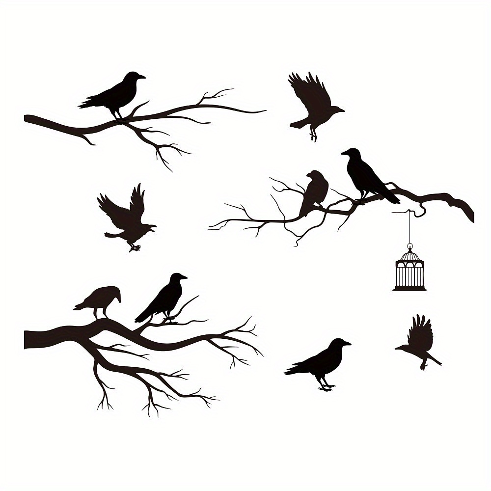 

1pc Tree Wall Decal Bird Standing On The Treetop Wall Stickers Birdcage Wall Decals Black Wall Art Decal Decorations For Living Room Tv Wall Decor 107x39cm