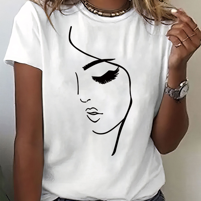 

Portrait Print T-shirt, Short Sleeve Crew Neck Casual Top For Summer & Spring, Women's Clothing