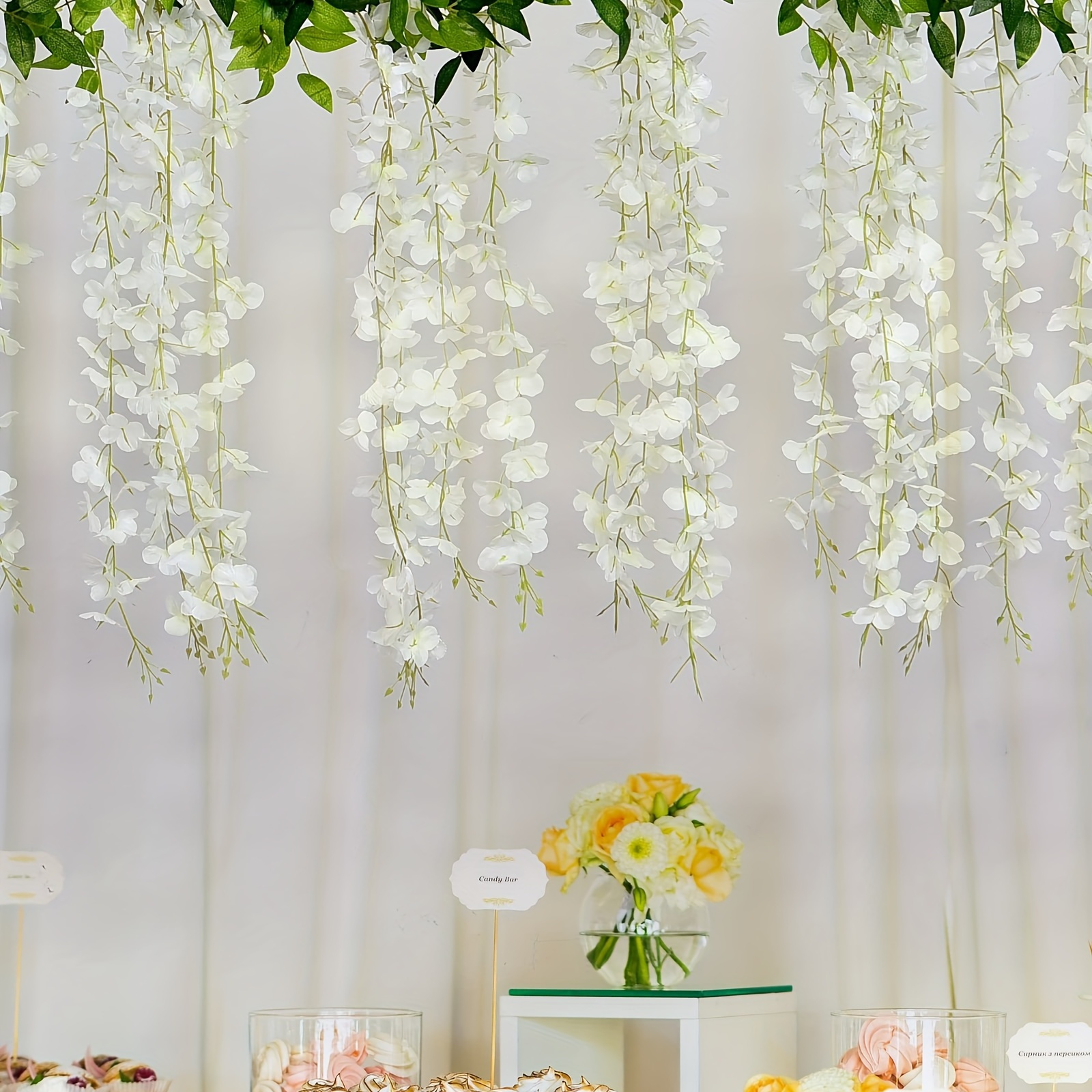 

charming" Elegant White Silk Wisteria Garland - 16 Branches Artificial Hanging Flowers For Wedding, Party, Garden Decor & Easter Gift