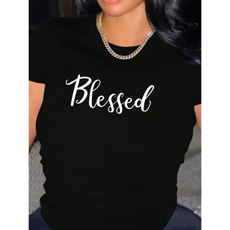 

Blessed Letter Print Crew Neck T-shirt, Casual Short Sleeve T-shirt For Spring & Summer, Women's Clothing