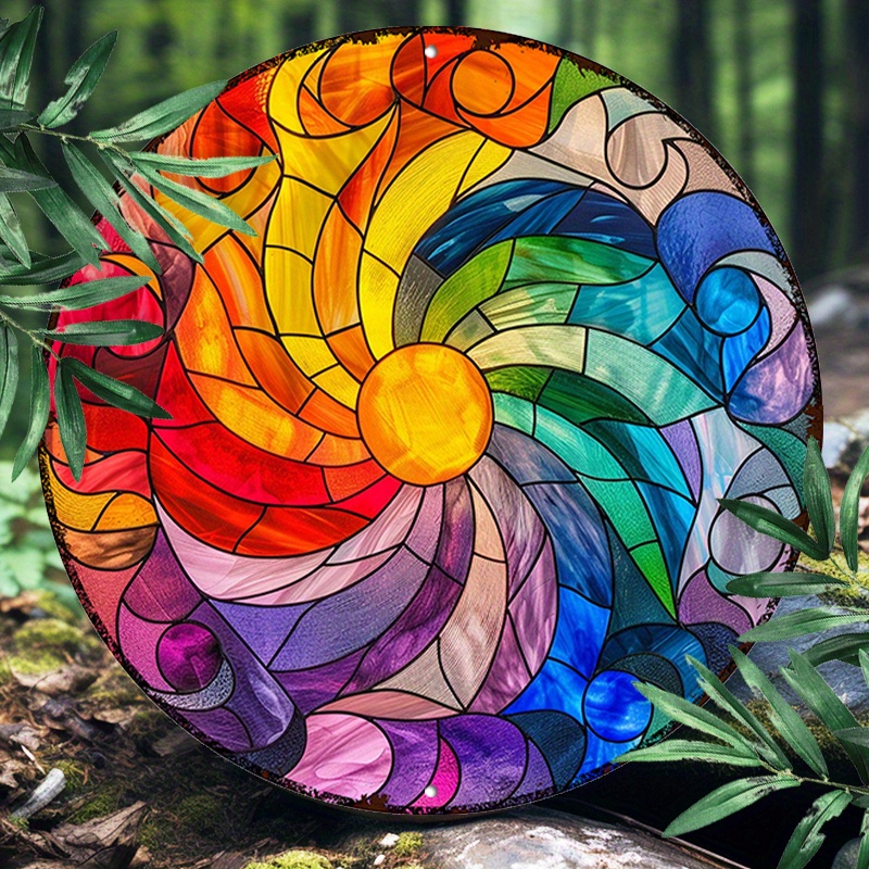 

1pc Round Aluminum Art Nouveau Psychedelic Sunshine Sign - 8x8 Inch Uv Resistant, Waterproof Metal Decor For Indoor Outdoor Wall And Restaurant Decoration