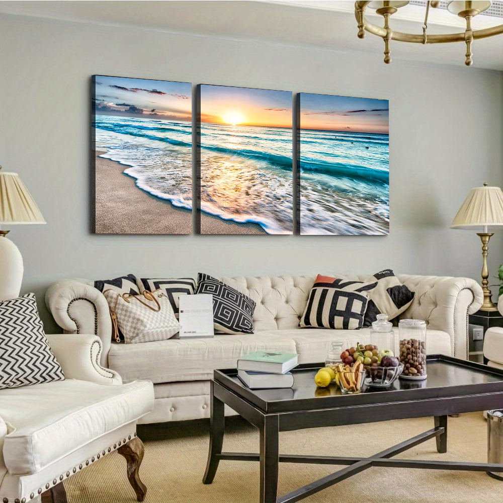 

3pcs/set Framed Sea Waves Large Canvas Prints Wall Art Ocean Beach Pictures Paintings 3 Panels Framed Blue Wall Art Sunset Ocean Picture For Living Room Bedroom Bathroom Office Hallway Wall Decors