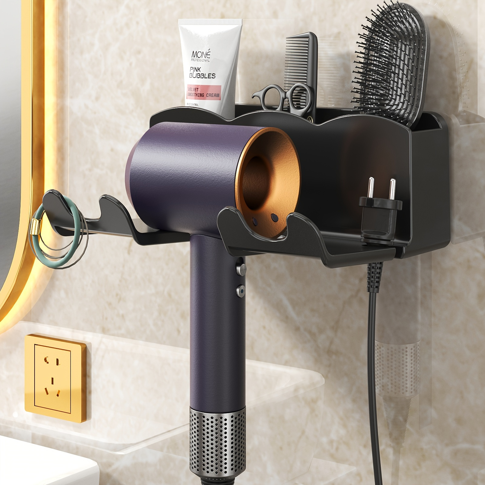 

Easy-install Hair Dryer Holder - Wall-mounted, No-drill Storage Rack For Bathrooms