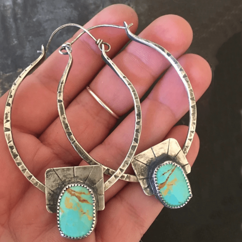 

-chic Turquoise Hoop Earrings - 925 Silvery Plated, Zinc Alloy With Copper Posts For Casual Attire & Gifting, Turquoise, Hoops Earrings, Fancy