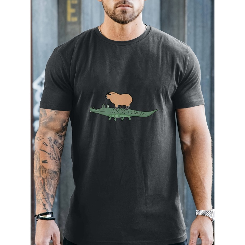 

Funny Capybara On A Crocodile Print Tee Shirt, Tees For Men, Casual Short Sleeve T-shirt For Summer