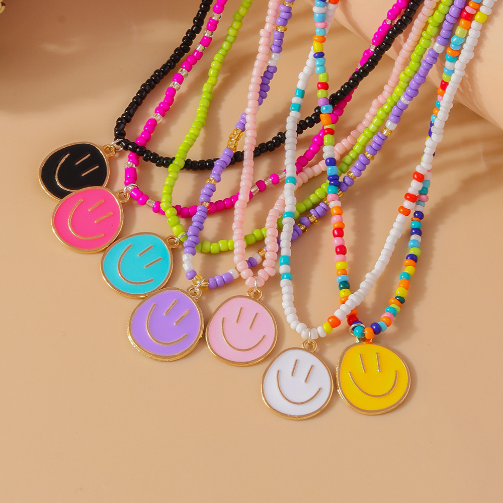 

vibrant" Chic Colorful Face Beaded Necklace - Versatile & Creative Clavicle Chain For Everyday Wear