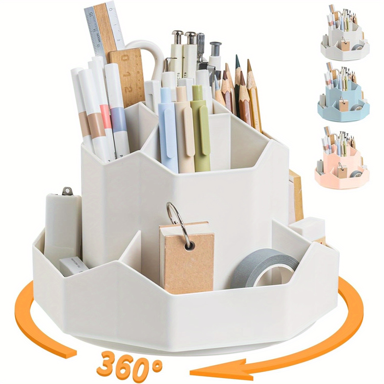 

clutter-free" 360-degree Rotating Desk Organizer - 9-slot Pencil Holder, Cute White Pen Cup For Office, School, Home Storage