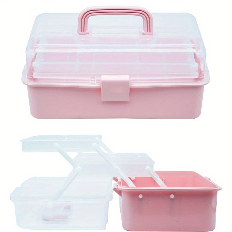 

1pc Multi-purpose Folding Clear Plastic Storage Box With Portable Handle, Office Supplies And Crafts Organizer Case, Durable Latch, 180 Degree Folding Design For Jewelry, Beads, Sewing