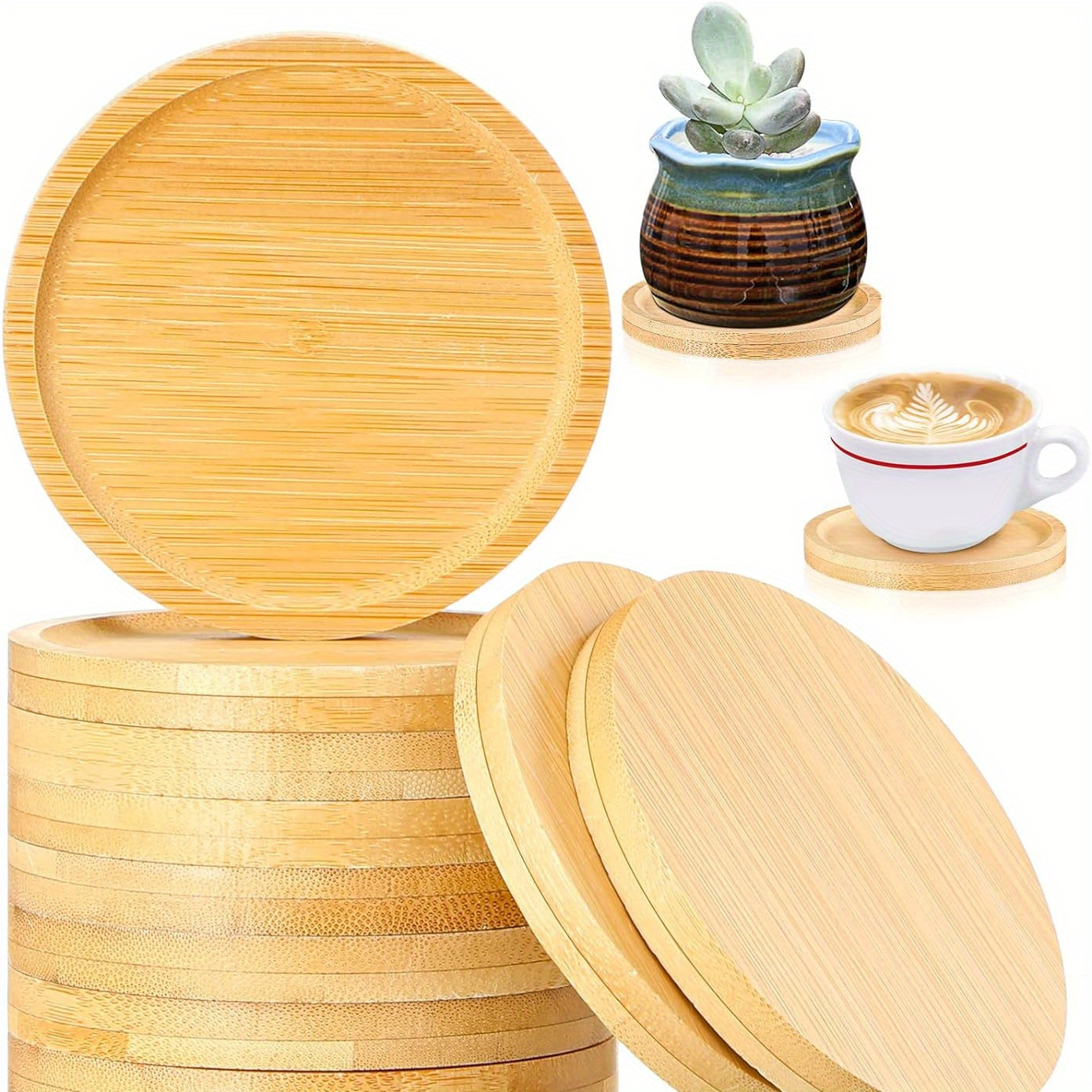 

6-pack Round Bamboo Coasters - Durable Wood Drink Saucers For Planters, Heat Insulation, Reusable Tabletop Protection Decoration