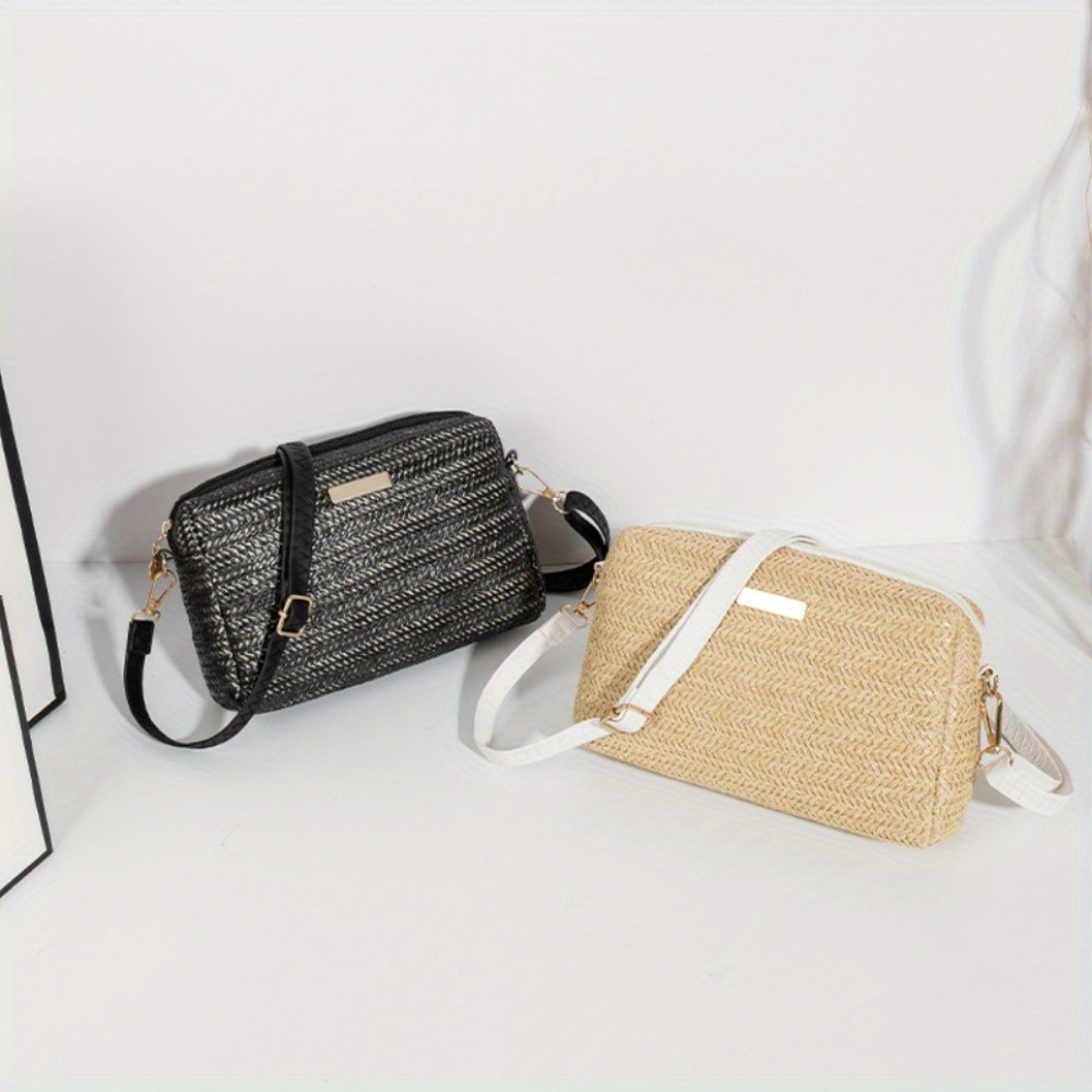 

Bohemian Style Women's Straw Woven Crossbody Bag, Portable Handbag With Mobile Phone Pocket, Korean Style Wallet, Straw Square Shoulder Bag