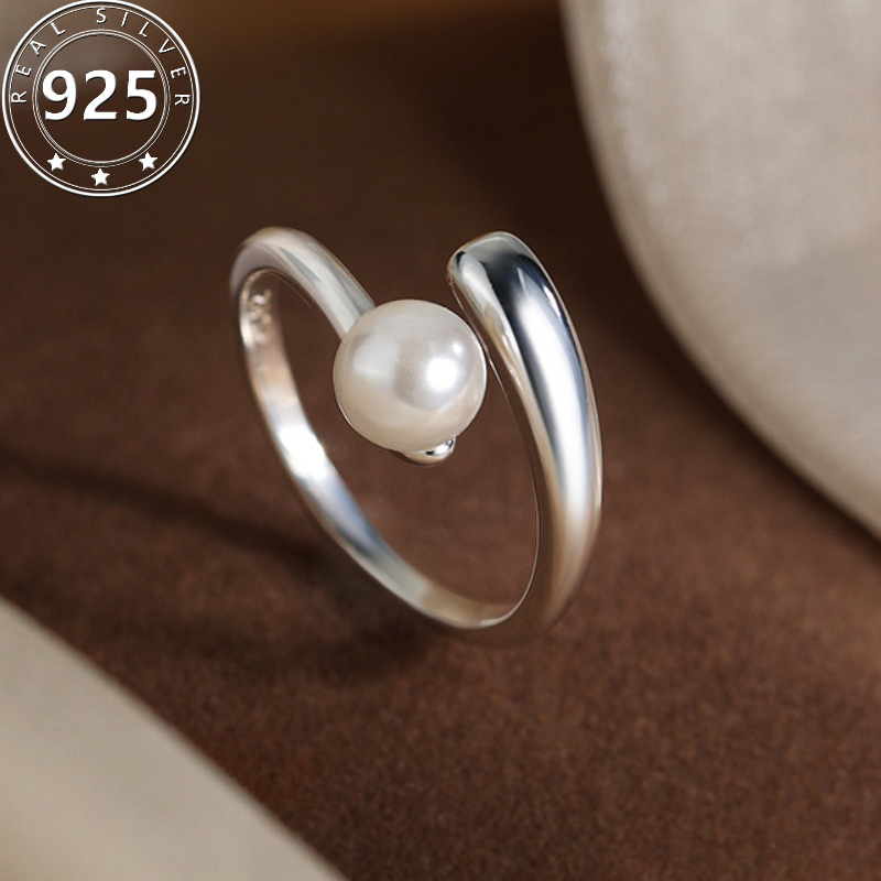 

Elegant Adjustable 925 Sterling Silver Open Ring, Simplistic Classic Style Faux Pearl Finger Ring, Luxury Gift For Her, Lightweight 2.5g/0.088oz