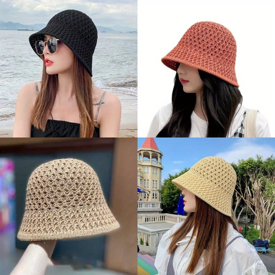 

Single Layer Hollow Solid Colour Bucket Hat Summer Fashionable Sunscreen Fisherman Hats Outdoor Cycling Hiking Travel Beach Breathable Knitted Hat