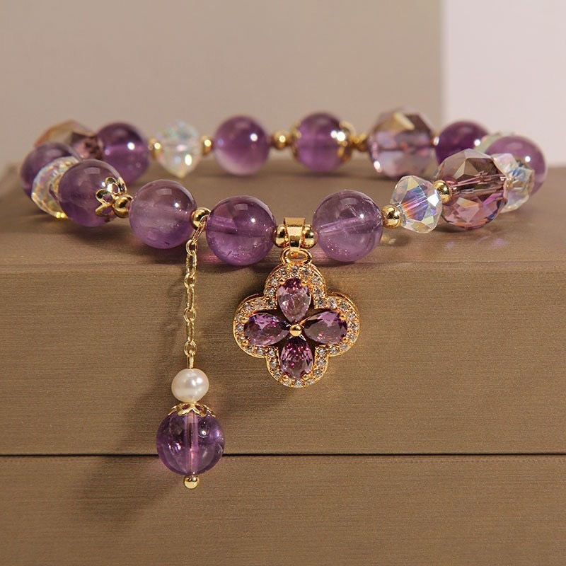 

Elegant Amethyst Beaded Bracelet With Heart Drop & Four-leaf Clover Pendants For Women, Vintage Style, Ideal Mother's Day Gift