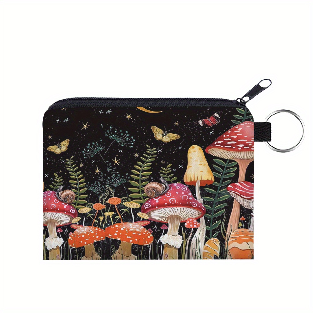 

Chic Women's Polyester Coin Purse With Mushroom & Moon Print - Multifunctional Key, Card Holder & Earphone Pouch