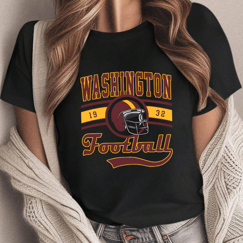 

Washington Print Round Neck Sports T-shirt, Short Sleeve Running Casual Tops, Women's Activewear