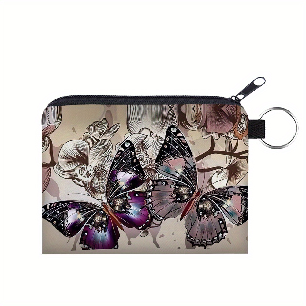 

Floral Butterfly Print Polyester Coin Purse, Portable Multifunctional Key/card Pouch, Zippered Earphone & Coin Wallet With Keyring