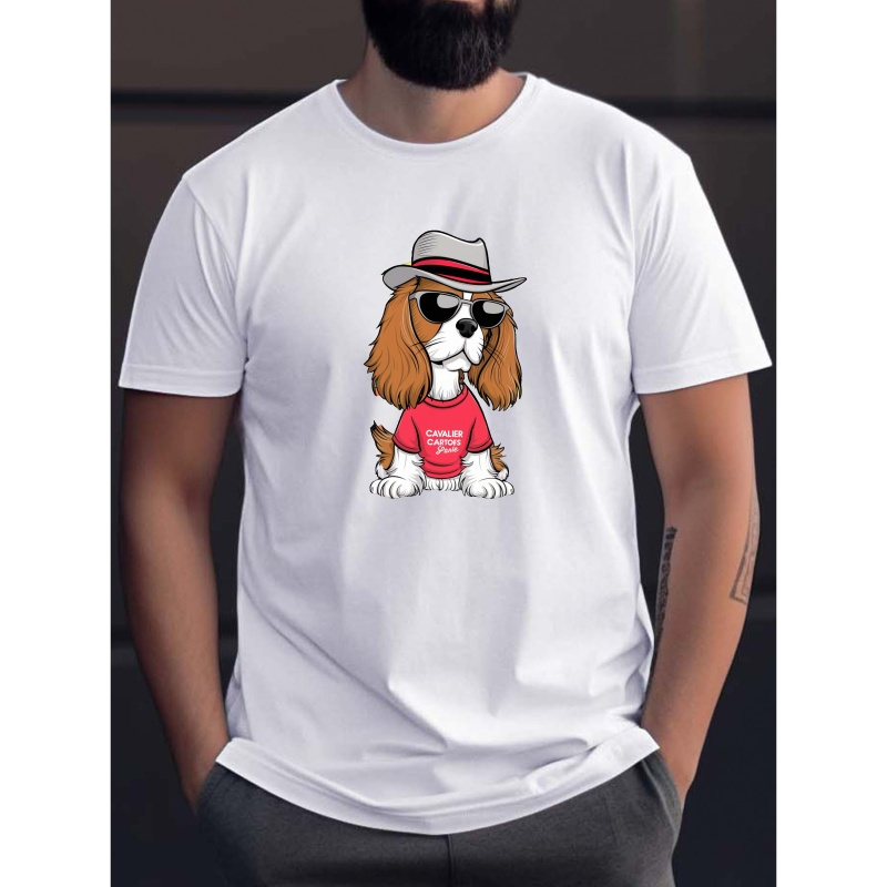 

Cavalier Spaniel Print, Men's Round Crew Neck Short Sleeve, Simple Style Tee Fashion Regular Fit T-shirt, Casual Comfy Breathable Top For Spring Summer Holiday Leisure Vacation Men's Clothing As Gift