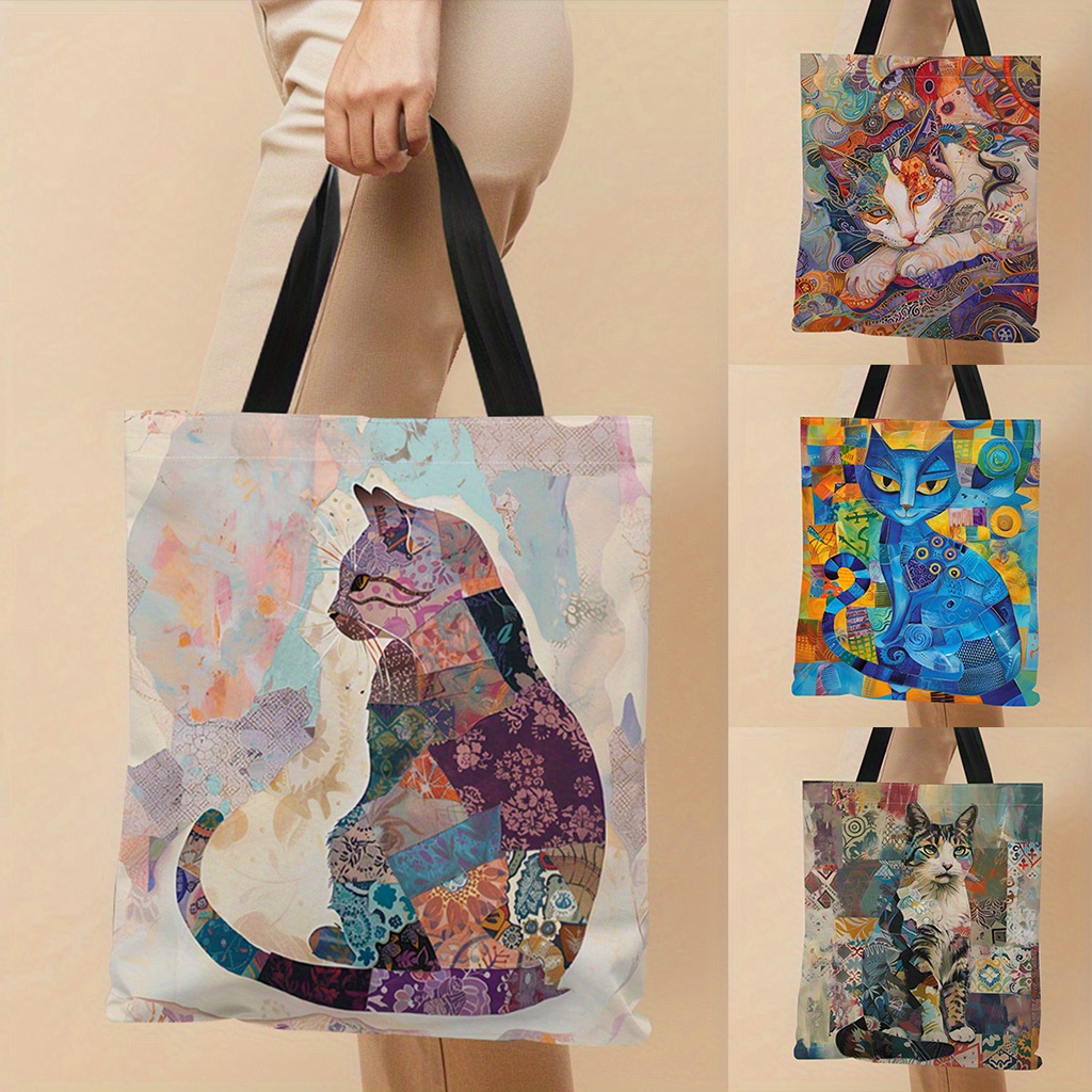 

Artistic Cat Design Canvas Tote Bag, 13.39x16.54 Inches, Lightweight Shopping Bag With Black Handles