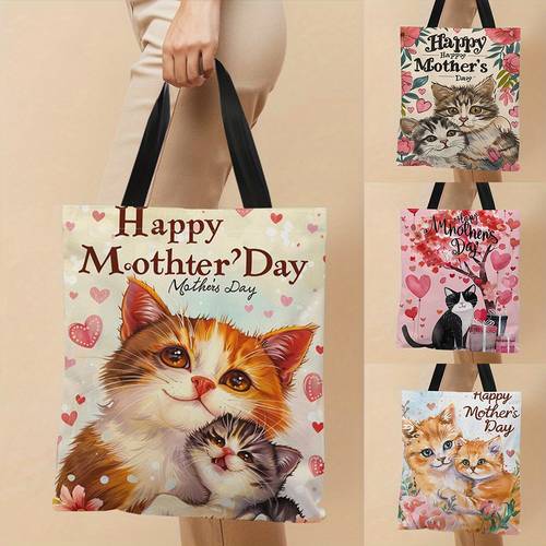 1pc Cat-Themed Mother's Day Canvas Tote Bag, 13.39 X 16.54 Inches, Lightweight Shopping Bag Ideal For Gifts And Everyday Use