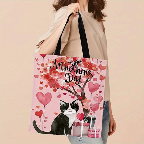 1pc Cat-Themed Mother's Day Canvas Tote Bag, 13.39 X 16.54 Inches, Lightweight Shopping Bag Ideal For Gifts And Everyday Use