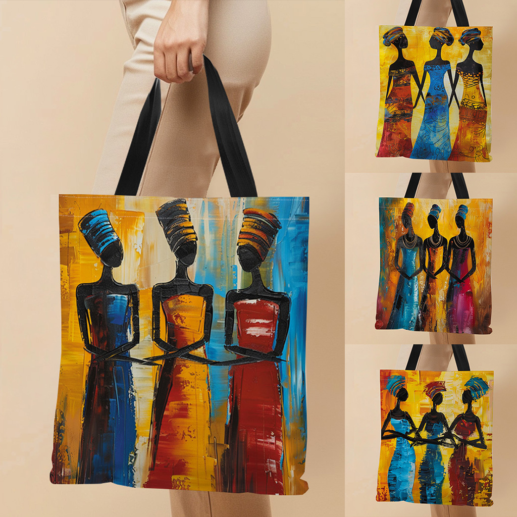 

1pc, African Women Painting Canvas Tote Shoulder Bag, 13.39x15.74 Inches, Colorful Ethnic Style, Lightweight Shopping Bag