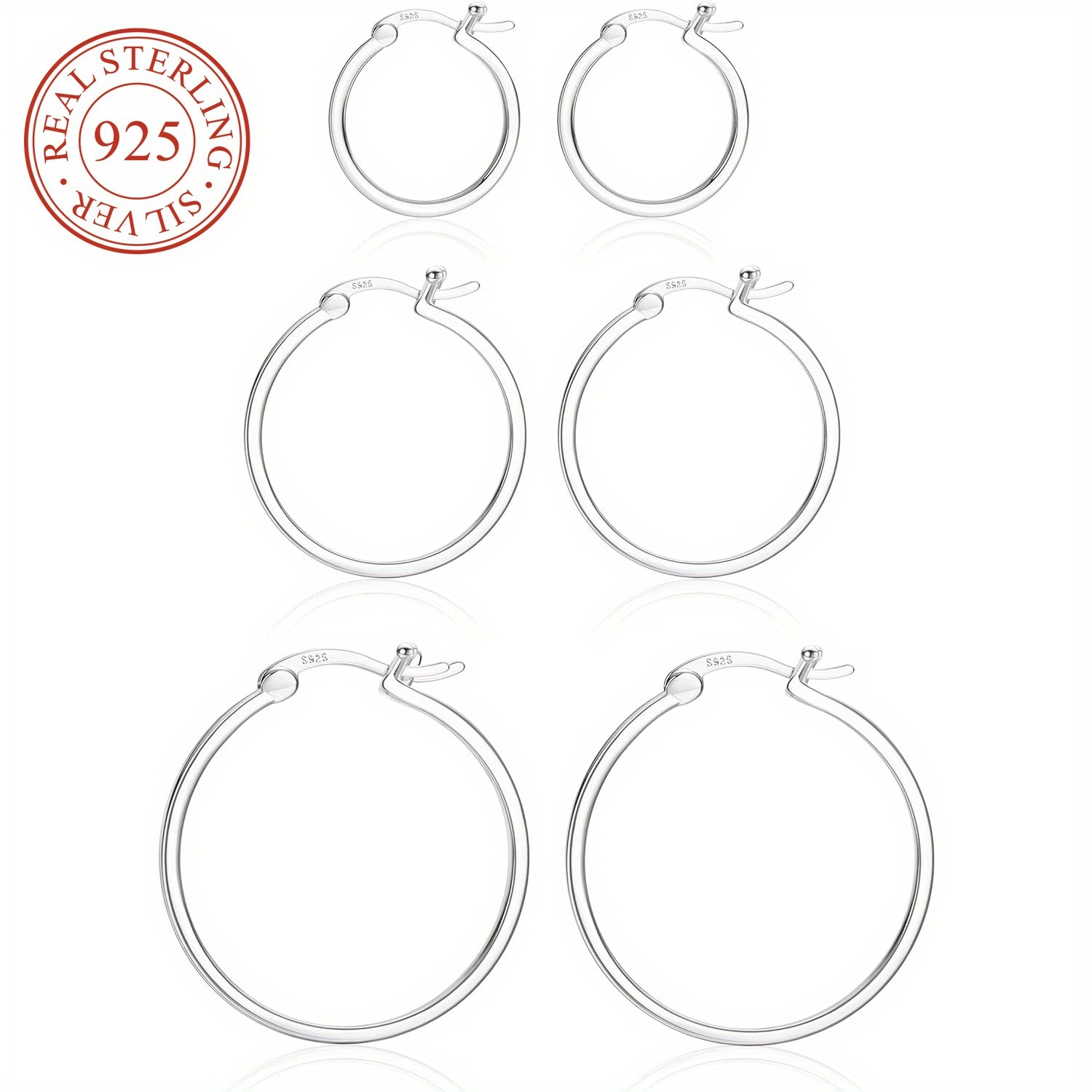 

3 Pairs Classic & Simple Style 925 Sterling Silver Hoop Earrings, Plated, Hypoallergenic Square Tube, Women's Earrings Set In 15mm/20mm/30mm, 12.5g/0.44oz