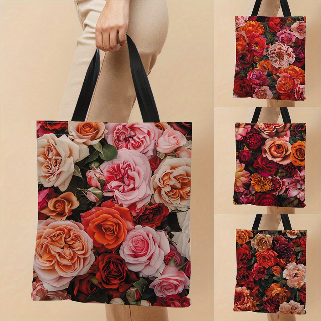 

1pc Rose Garden Print Canvas Tote Bag, Shoulder Bag For Shopping, Daily Use Handbag