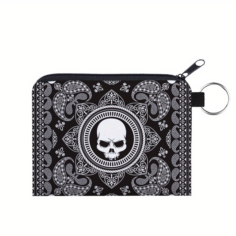 

Gothic Mini Wallet For Women, Portable Coin Purse With Digital Printed Black Paisley & Skull Pattern, Multifunctional Key Card Holder, Earphone Pouch, Zippered Holiday Gift