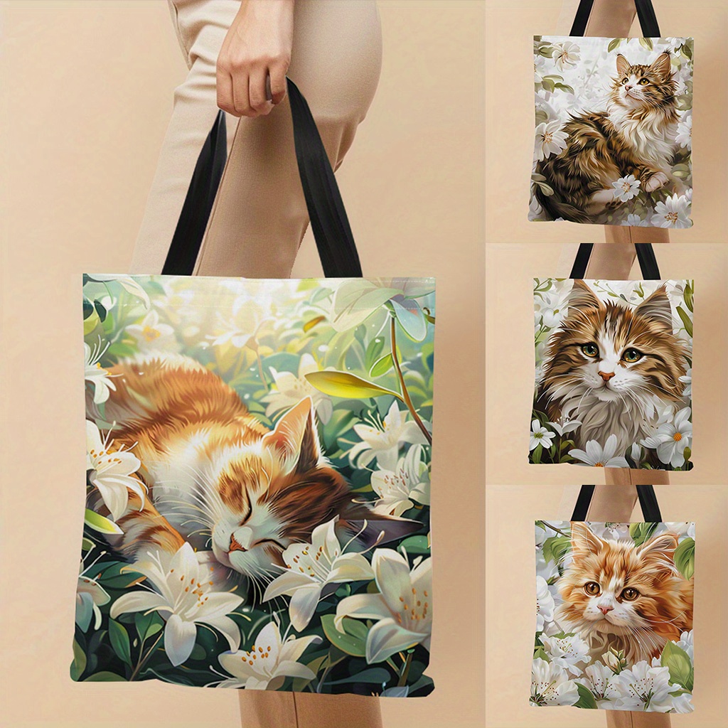 

1pc Cat In Flowers Print Canvas Tote Bag, 13.39 X 16.54 Inches, Lightweight & Shopping, Grocery Bag