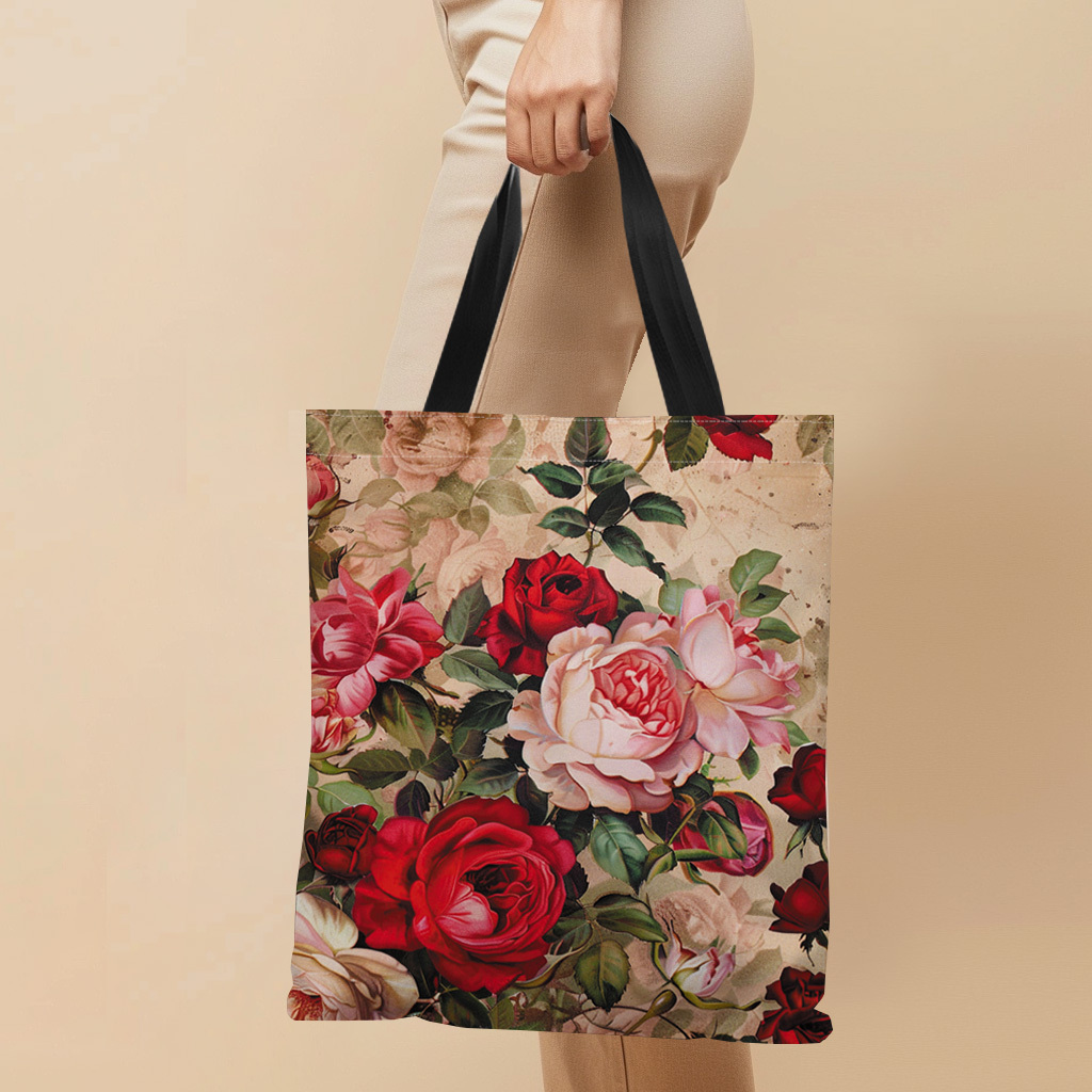 TEMU 1pc Vintage Floral Canvas Tote Bag (13.39x16.54 Inches), Shopping Bag With Elegant Flower Design, Lightweight Ideal For Grocery, Books, And Everyday Use