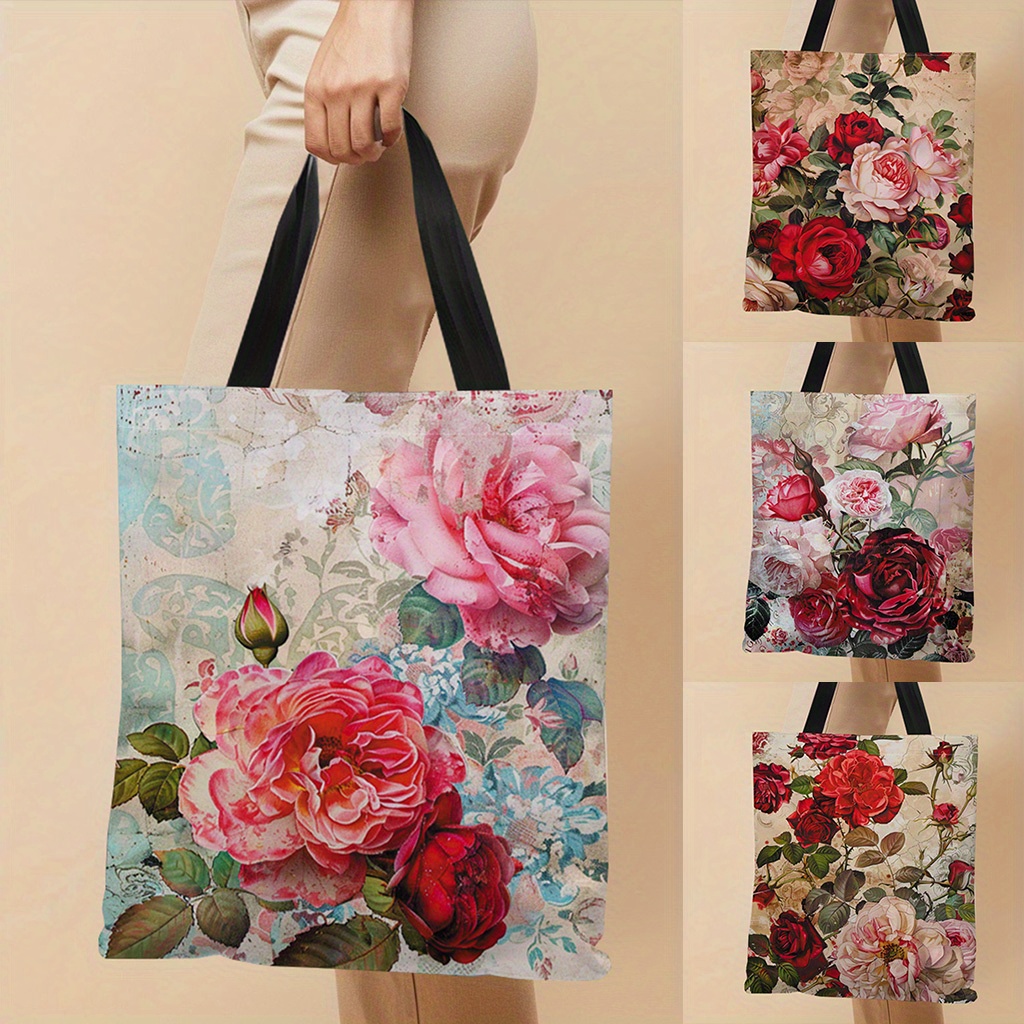 

1pc Vintage Floral Canvas Tote Bag (13.39x16.54 Inches), Shopping Bag With Elegant Flower Design, Lightweight Ideal For Grocery, Books, And Everyday Use