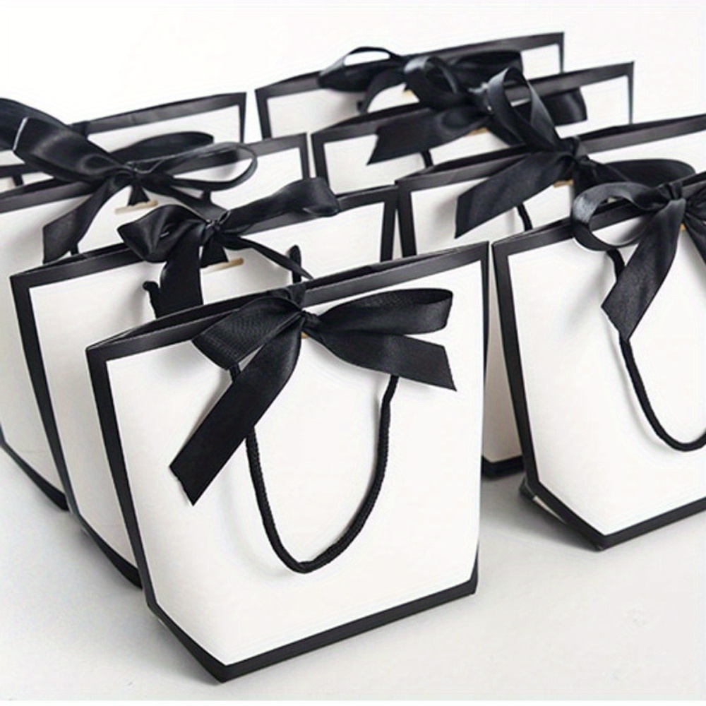 

10 Pcs Elegant White Paper Gift Bags With Black Border And Bow Ribbon - Perfect For Shopping, Parties, And Special Occasions