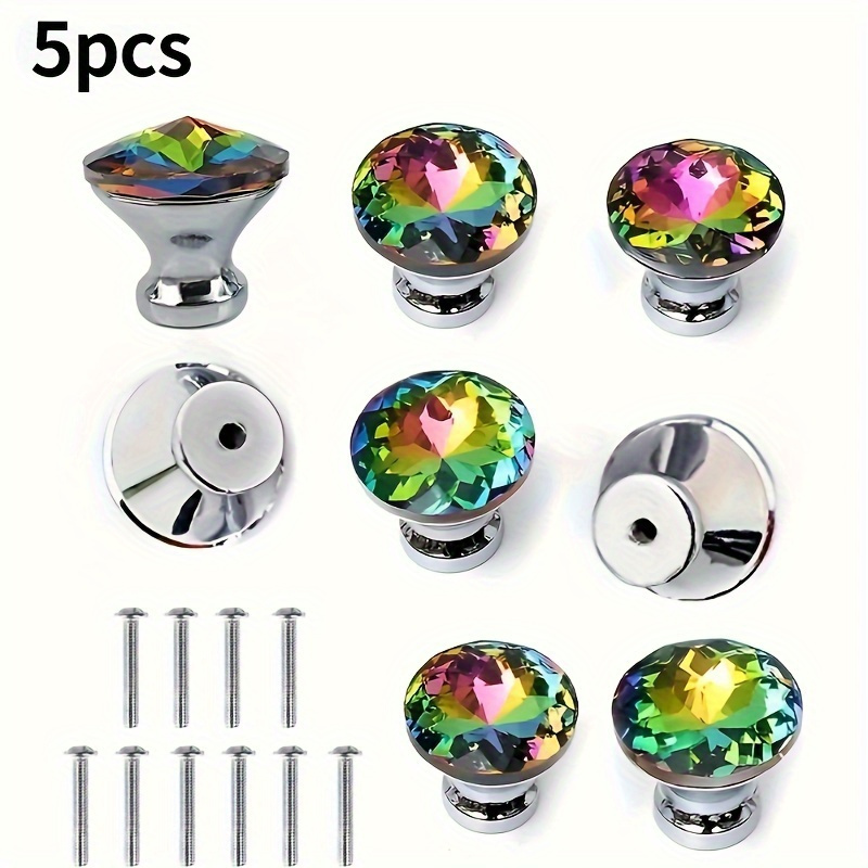 

5-piece Quadrilateral Crystal Glass Cabinet Knobs, 1.2in - Colorful Drawer Pulls For Kitchen, Bathroom & Cupboard