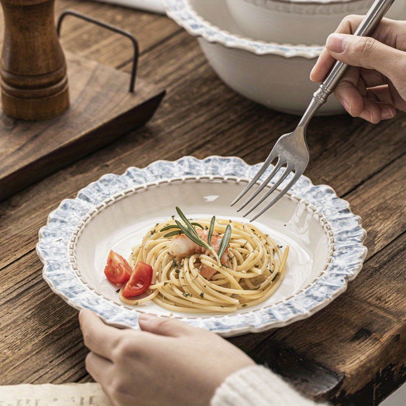 

kiln-fired" Elegant Smoke Blue Ceramic Plate With Lace Relief Design - Underglaze Color, Perfect For Home Dining