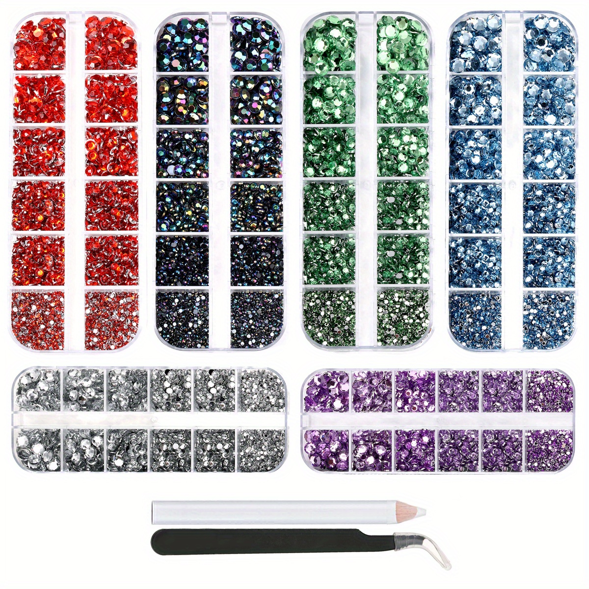 

6 Box Set About Flat-back Crystal Rhinestones In 5 Sizes - Includes Pick-up Tweezer & Picking Pen For Crafts, Nail Art, Clothes, Shoes, Bags & Diy Projects